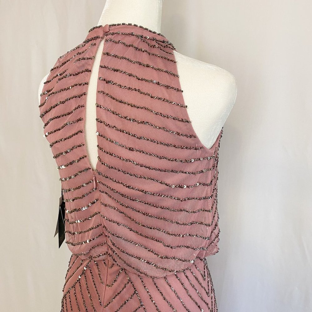 Adrianna Papell Art Deco Beaded Blouson Dress w/ Halter Neckline in Rose Mercury - Picture 11 of 14